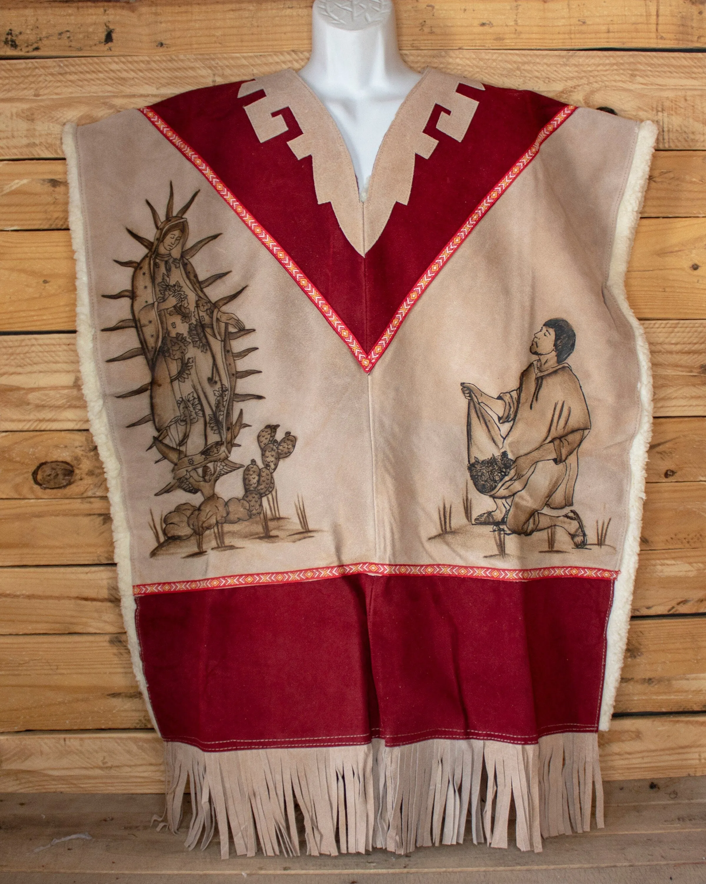 AUTHENTIC SUEDE LEATHER Virgen de Guadalupe Virgin Mary Juan Diego stamped sheep wool cowboy Mexican poncho rebozo Gaban