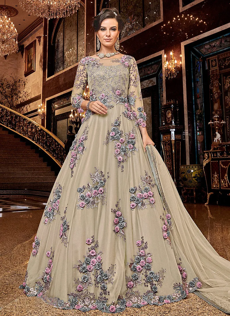 Beige Multi Embroidered Wedding Anarkali Suit