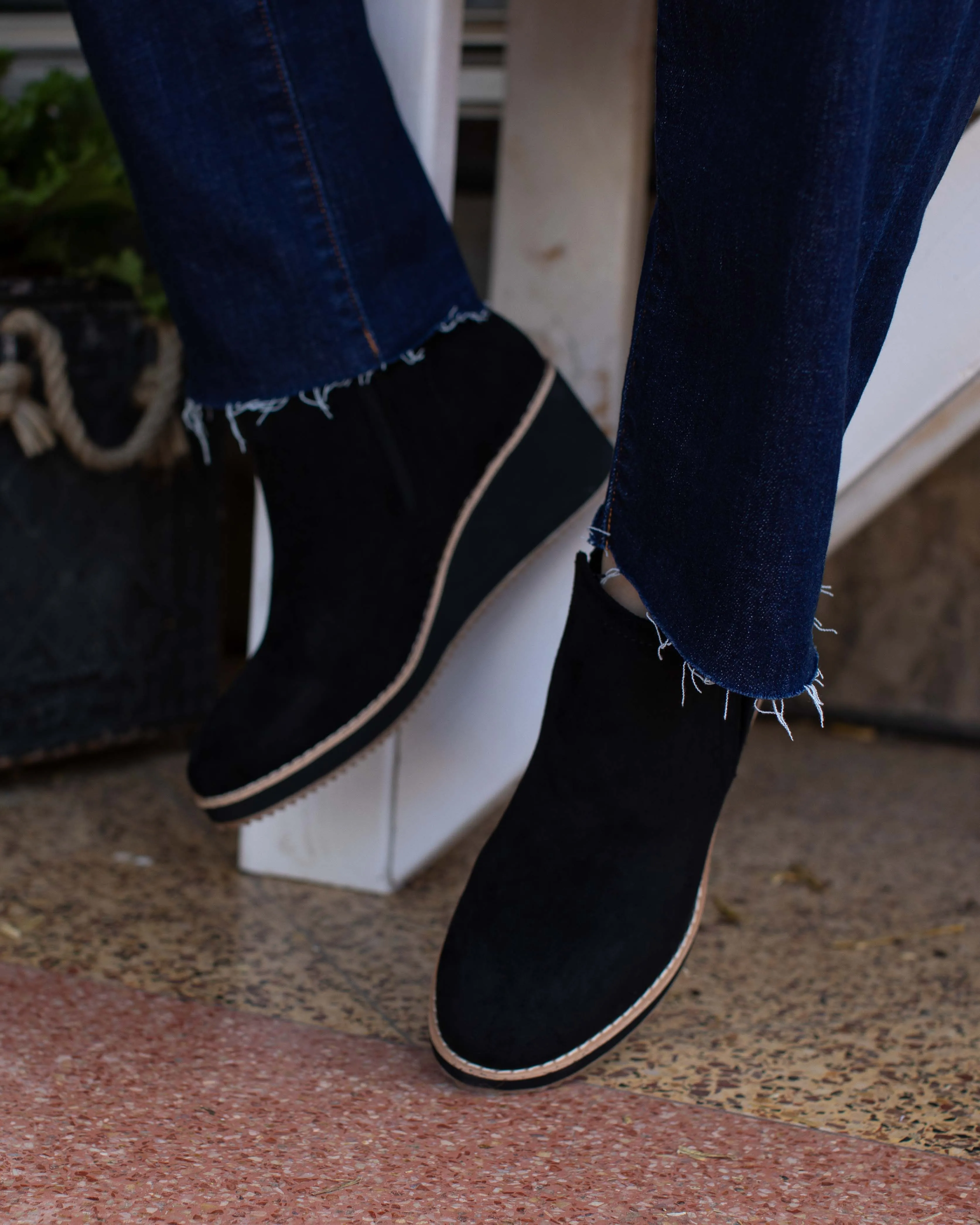 BLACK FAUX SUEDE WEDGE BOOTIE BY CORKYS