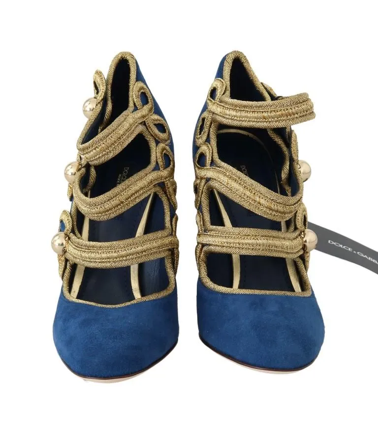 Blue Suede Gold Baroque Mary Janes Shoes