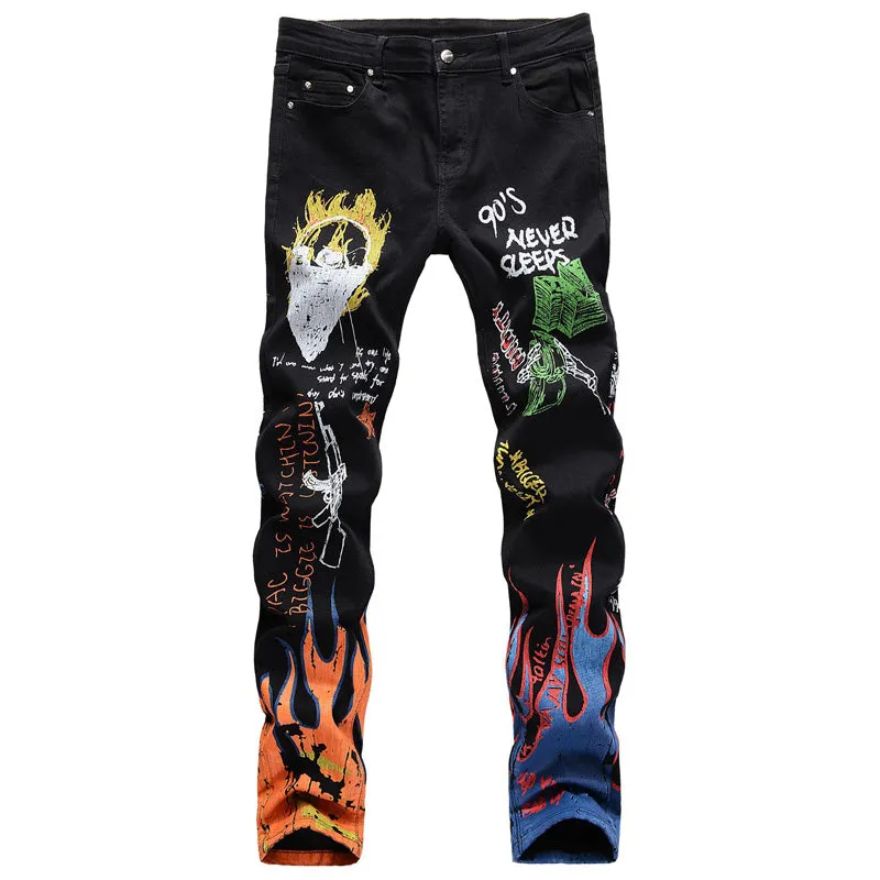 Fashion 3D Printing Jeans Skeleton Graffiti Men's Straight Pants