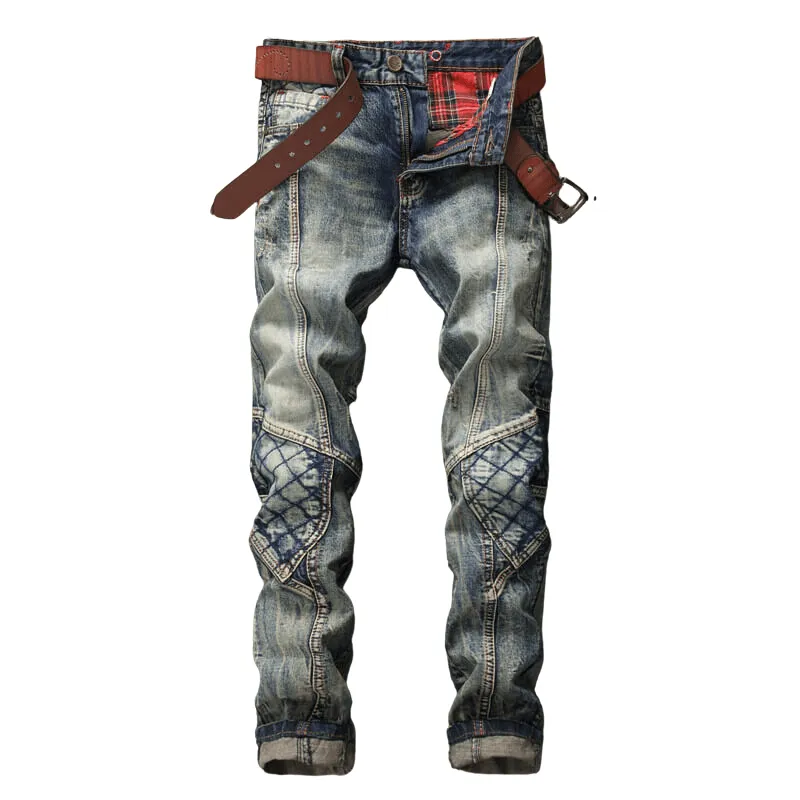 Fashion Vintage Mid Waist Straight Pants Men's Patchwork Jeans