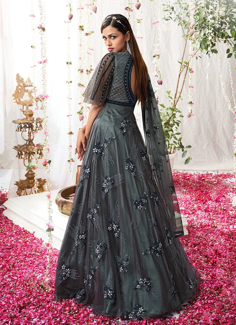 Grey Embroidered Festive Anarkali Suit