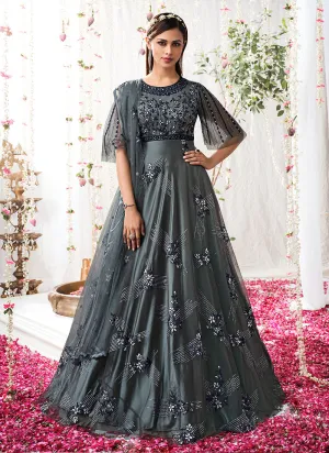 Grey Embroidered Festive Anarkali Suit