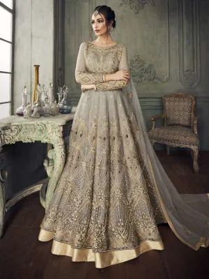 Grey Golden Traditional Embroidered Anarkali Lehenga Suit