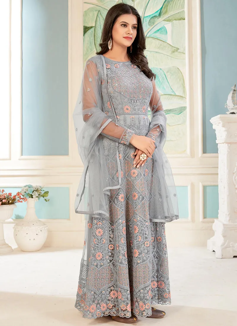 Grey Sequence Embroidery Traditional Anarkali Suit