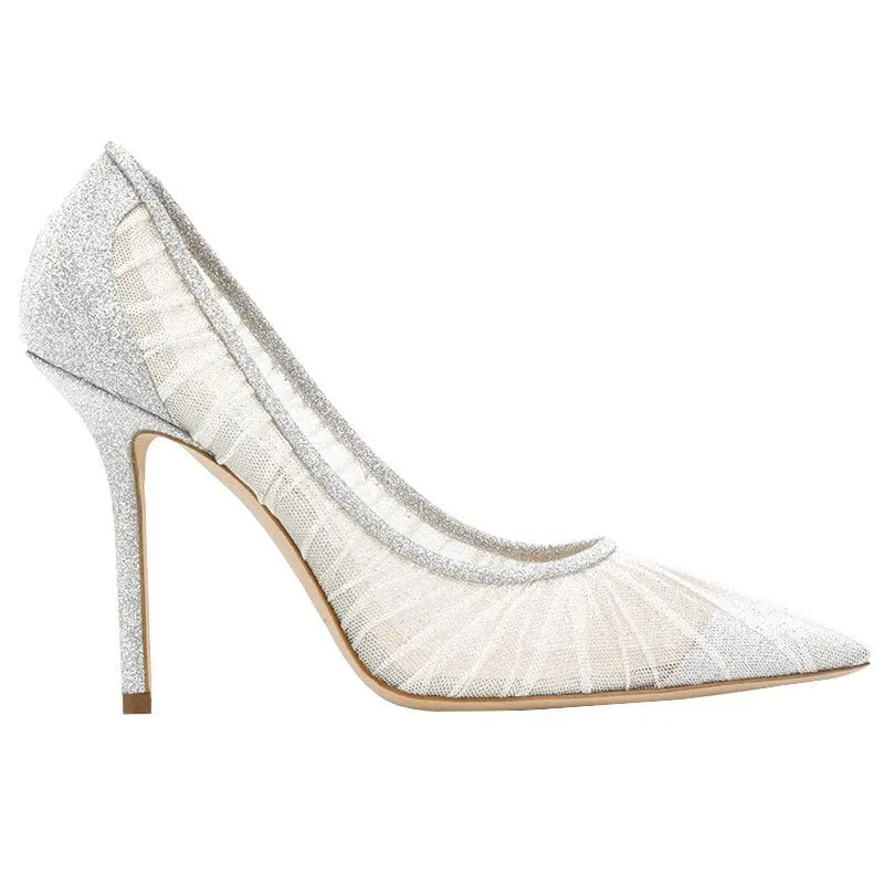 Ladies mesh bling wedding shoes stilettos sequined pointed toe