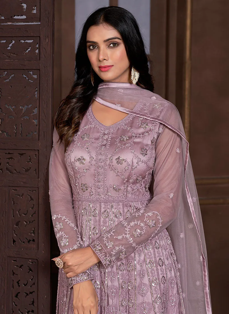 Light Purple Thread And Sequence Embroidery Net Anarkali Suit
