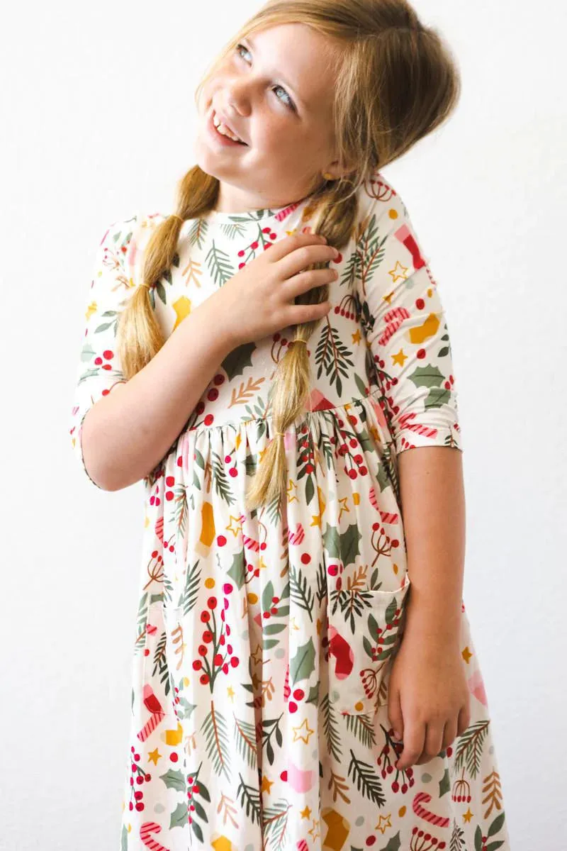 Mila & Rose Holly Jolly Christmas 3/4 Sleeve Pocket Twirl Dress