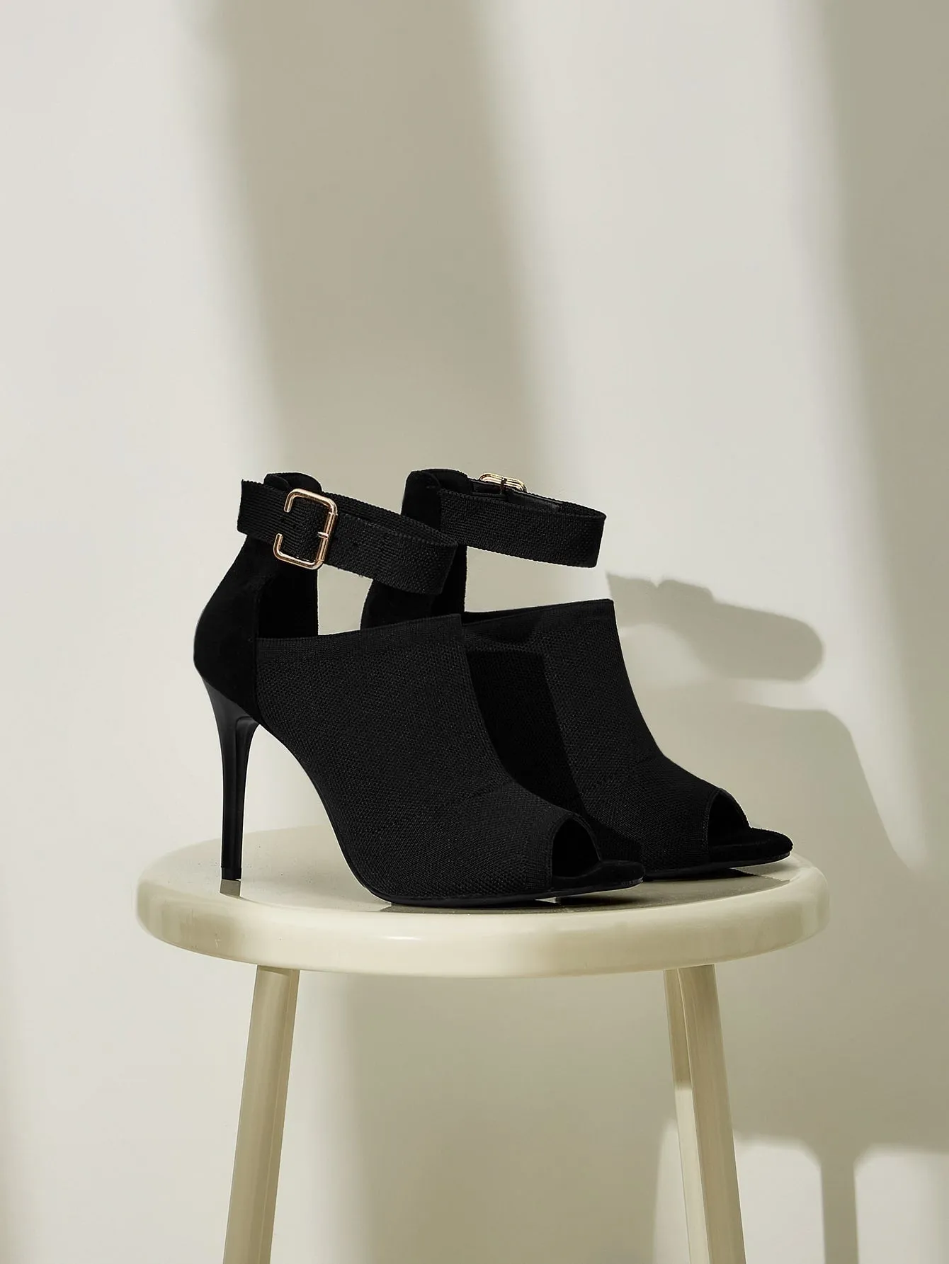 Minimalist Buckle Decor Peep Toe Cut Out Stiletto Heeled Boots  - Black- FD ⚡