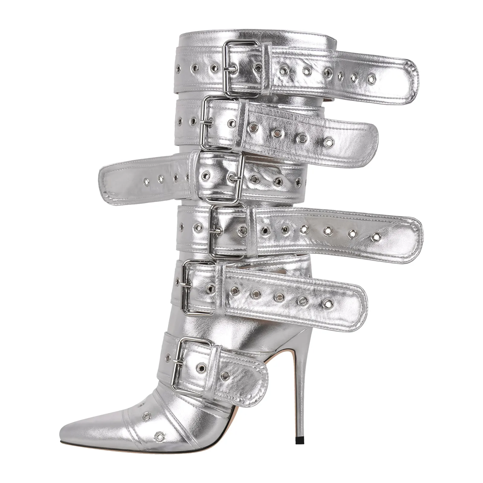 Multi Buckle Straps Stilettos Mid Boots