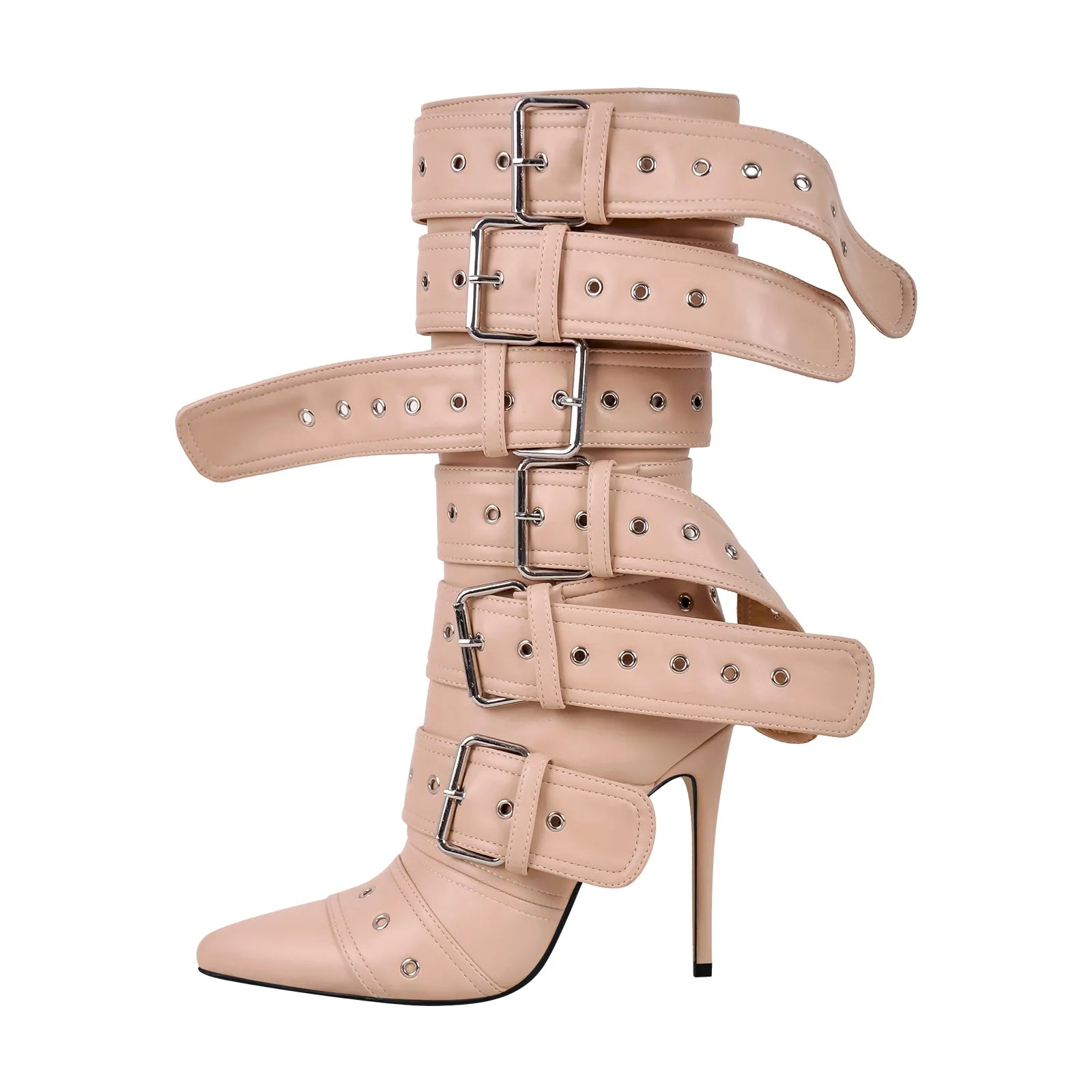 Multi Buckle Straps Stilettos Mid Boots