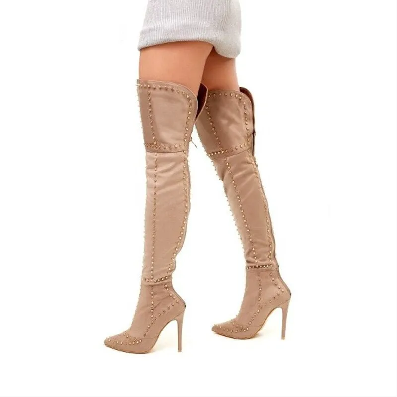 Rivets Thigh High Boots Pointed Toe Stilettos Sexy Ladies Shoes