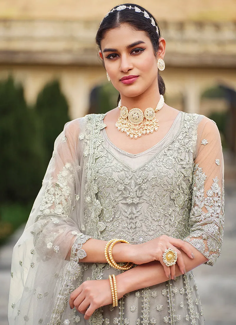 Silver Grey Embroidery Wedding Anarkali Suit