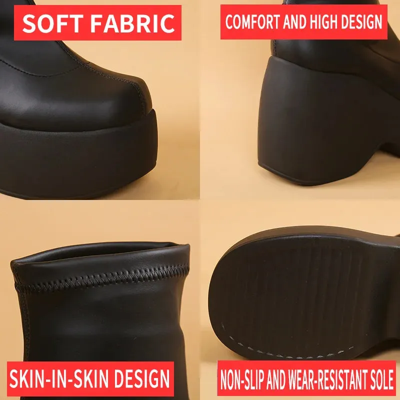Women's Chunky Platform Ankle Boots - High Fashion Round Toe Slip-On Wedge Heel Faux Leather Boots